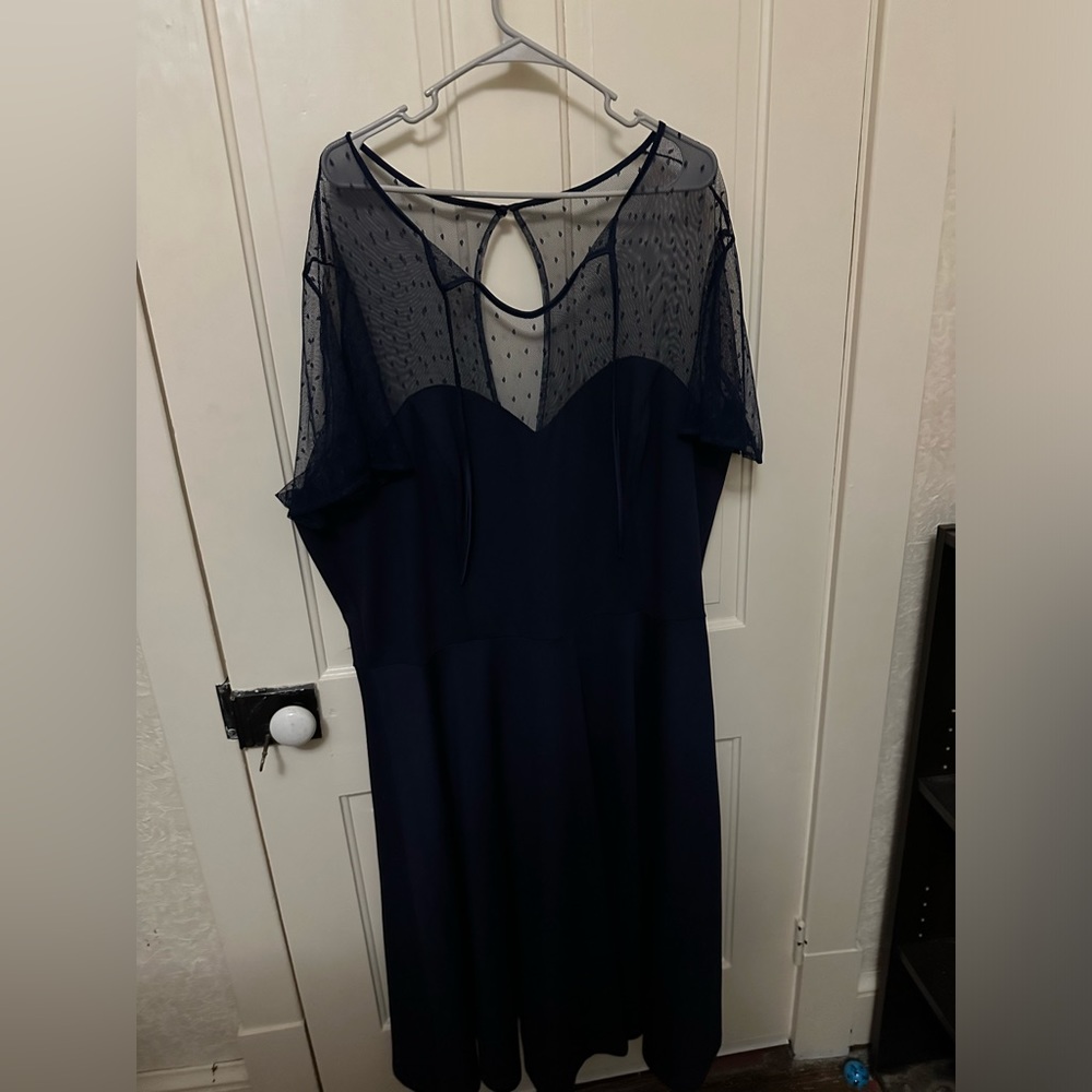 Unique Vintage dark blue dress with mesh neckline, brand new with tags